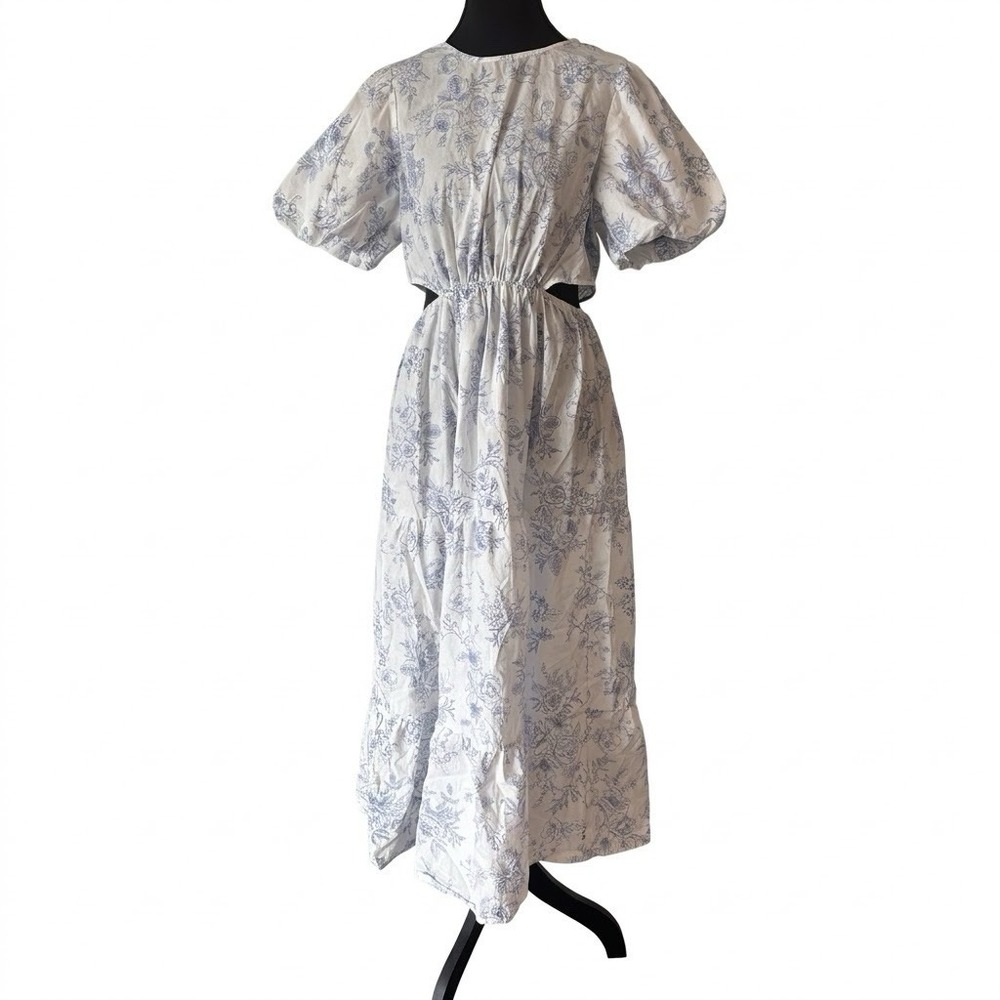 Indigo Rose Midi Peasant Dress Toile Puff Sleeve Cottagecore FITS LIKE A 8 ??